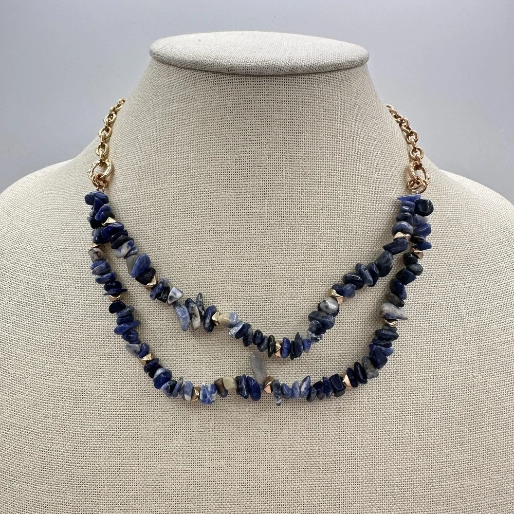 Vintage Y2K Gold Tone Double Strand Blue Sodalite Chip Chunky Necklace Jewelry